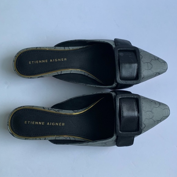 Leather Mules Etienne Aigner Womens Black & Gray 6 M Kitten Heel Shoes Slip On - Picture 2 of 6
